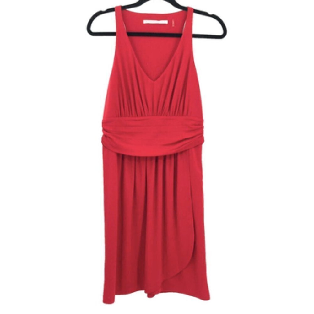 SUSANA MONACO Dress Red Faux Wrap Overlay Front Side Zip L Women Ruched Waist